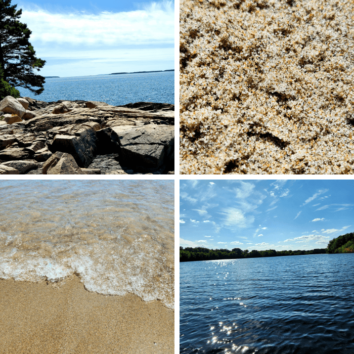 Coastal-inspired jewelry collage of sandy beaches, ocean water, and rocky cliffs overlooking the sea