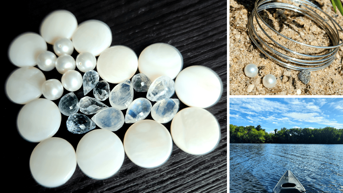 Ocean-inspired jewelry collection inspiration, gemstones, pearls, shells in a sandy beach setting with ocean water