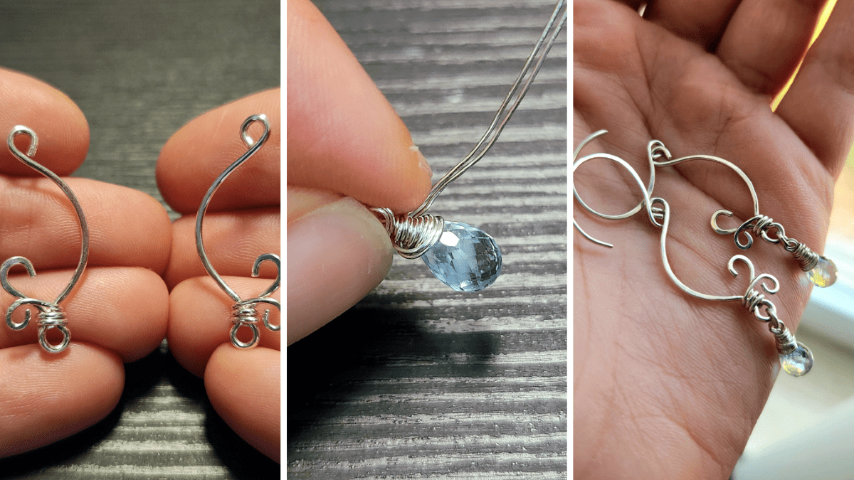 Handmade aquamarine wire-wrapped earrings - handmade jewelry resting in hands