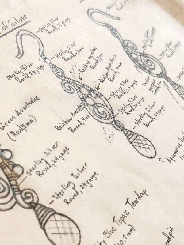 Handmade jewelry design sketch of wire-wrapped earrings inspired by nature