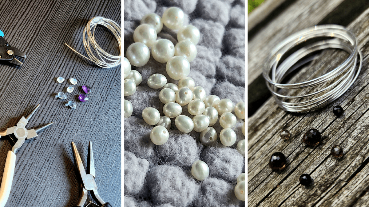 Handmade jewelry making supplies like sterling silver, natural pearls, smoky quartz, amethyst, aquamarine, and moonstone