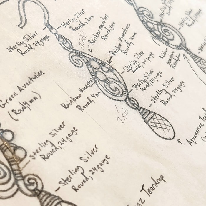 Handmade wire wrapped jewelry design sketches for Woven Earth Jewelry