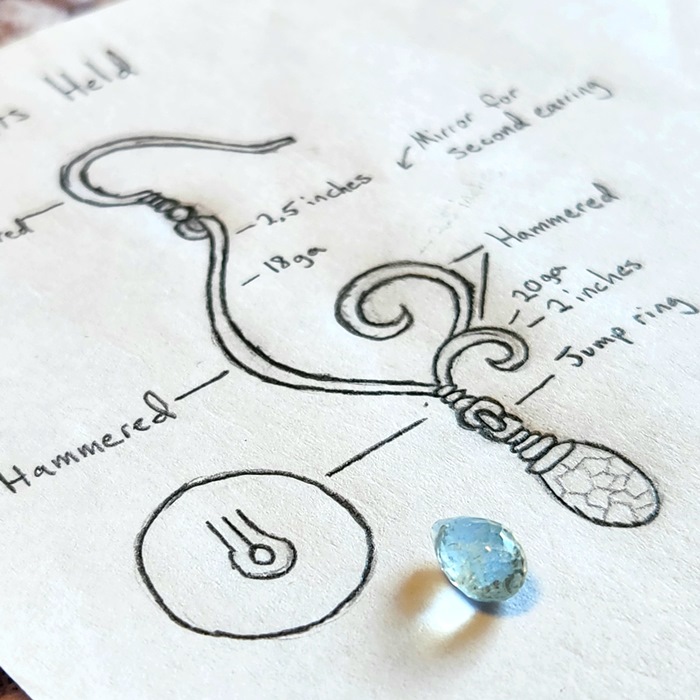 Sketch of Moments Held jewelry inspired by rain with aquamarine stone
