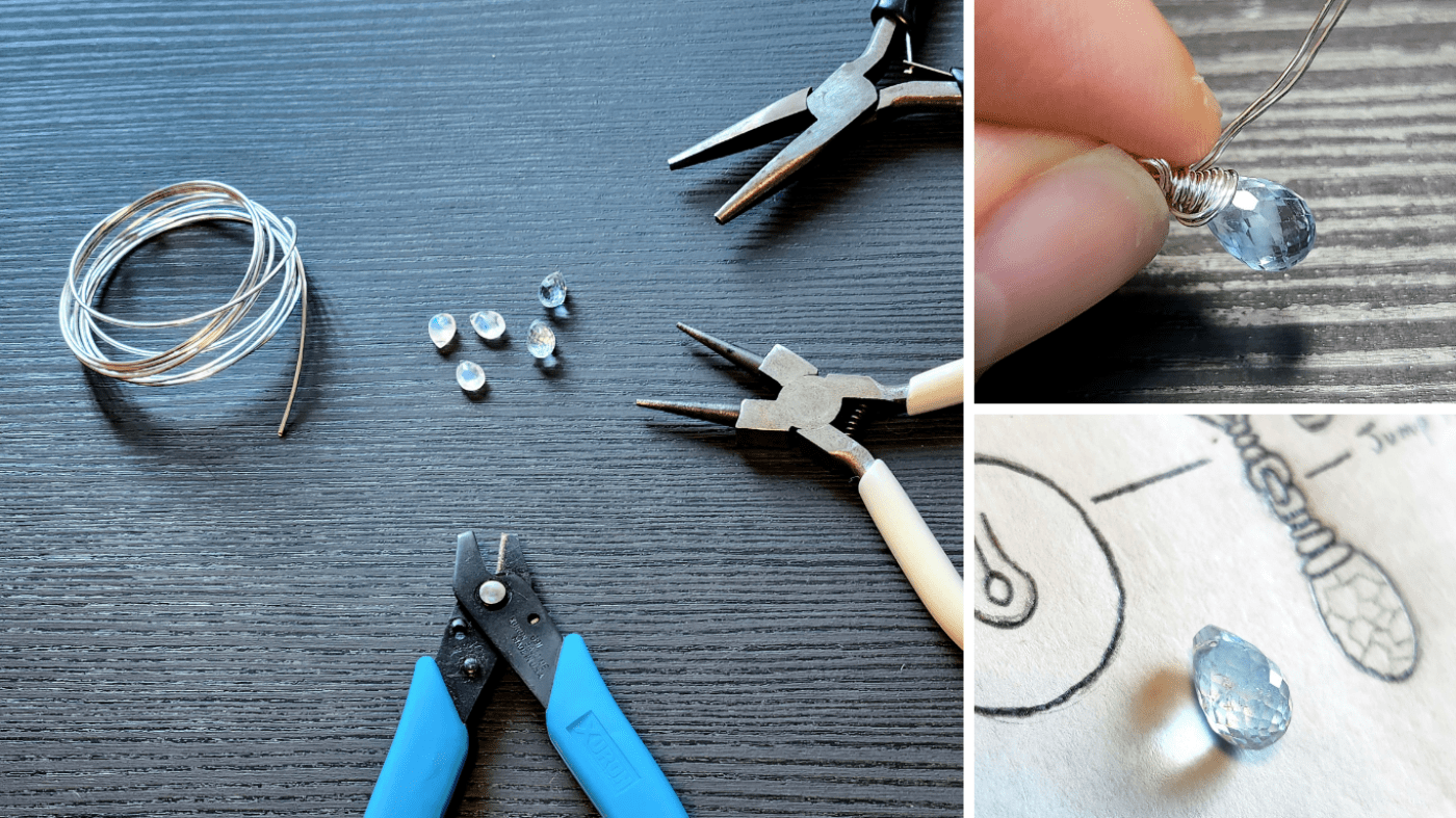 Jewelry sketches and materials for nature-inspired jewelry collection Spring Rain with aquamarine stone