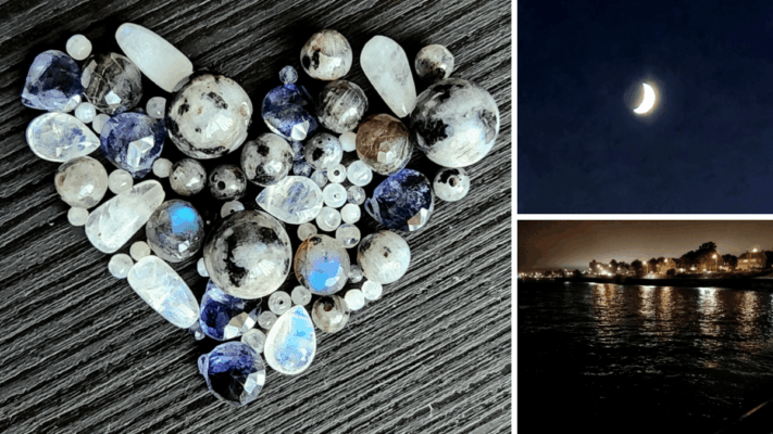 Celestial silver jewelry inspiration including natural gemstones like iolite, rainbow moonstone, and labradorite, the crescent moon, and moonlight on water