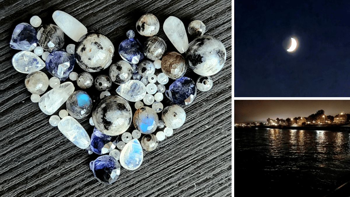 Celestial silver jewelry inspiration including natural gemstones like iolite, rainbow moonstone, and labradorite, the crescent moon, and moonlight on water