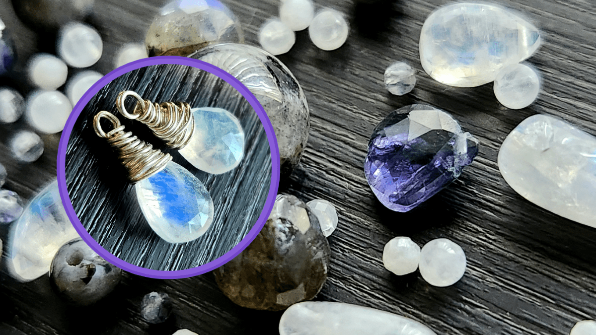 Natural gemstones for night inspired jewelry like iolite, rainbow moonstone, and labradorite and wire-wrapped moonstone on top