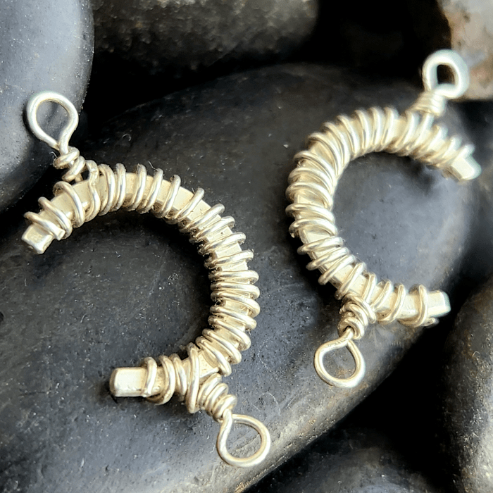 Wire-wrapped celestial silver jewelry component, a crescent moon