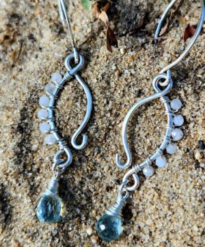 Natural aquamarine dangle earrings with wire-wrapped rainbow moonstone and sterling silver