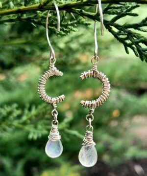 Nature-inspired rainbow moonstone dangles in sterling silver