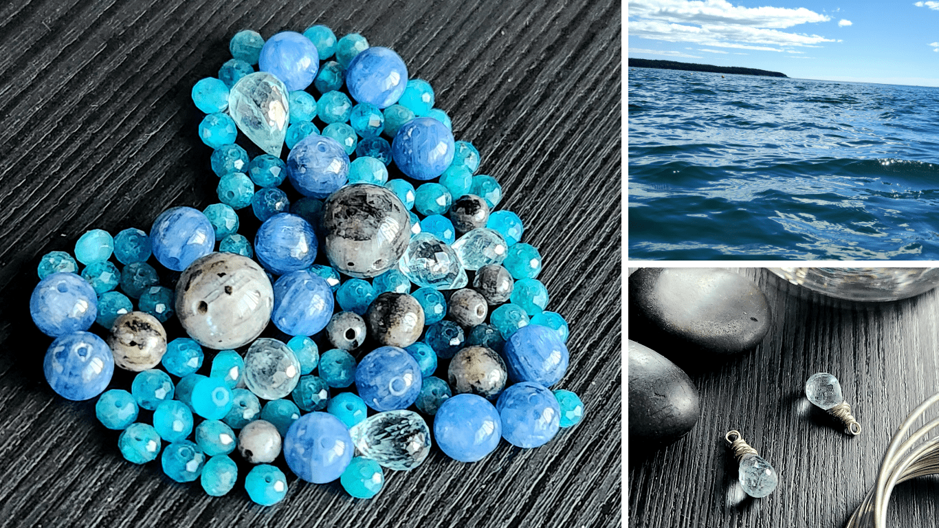 Ocean inspired jewelry inspiration featuring water, natural gemstones like blue apatite, blue labradorite, aquamarine, and kyanite, and the sea