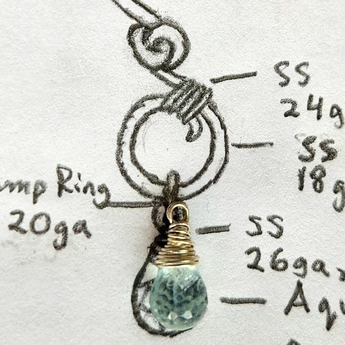 Ocean Song sterling silver ocean jewelry design featuring wire-wrapped aquamarine gemstone