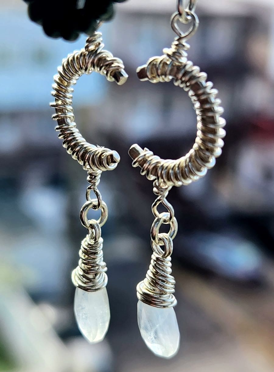 Silver moonstone earrings handmade dangling from window