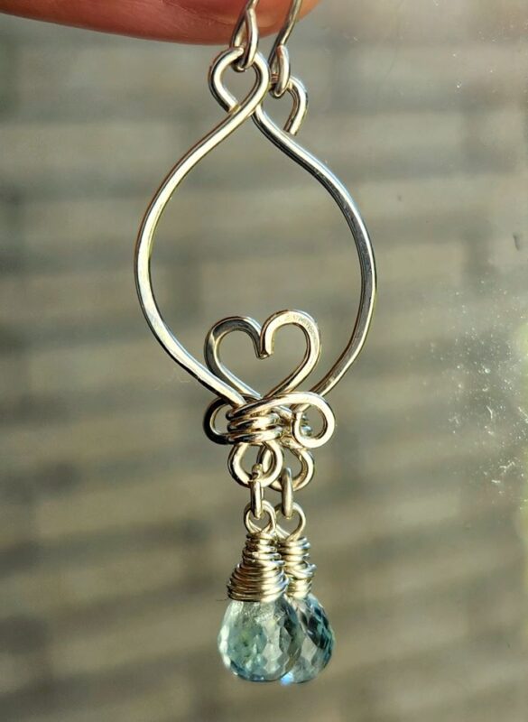 Sterling silver aquamarine earrings - handmade jewelry shaped like a heart