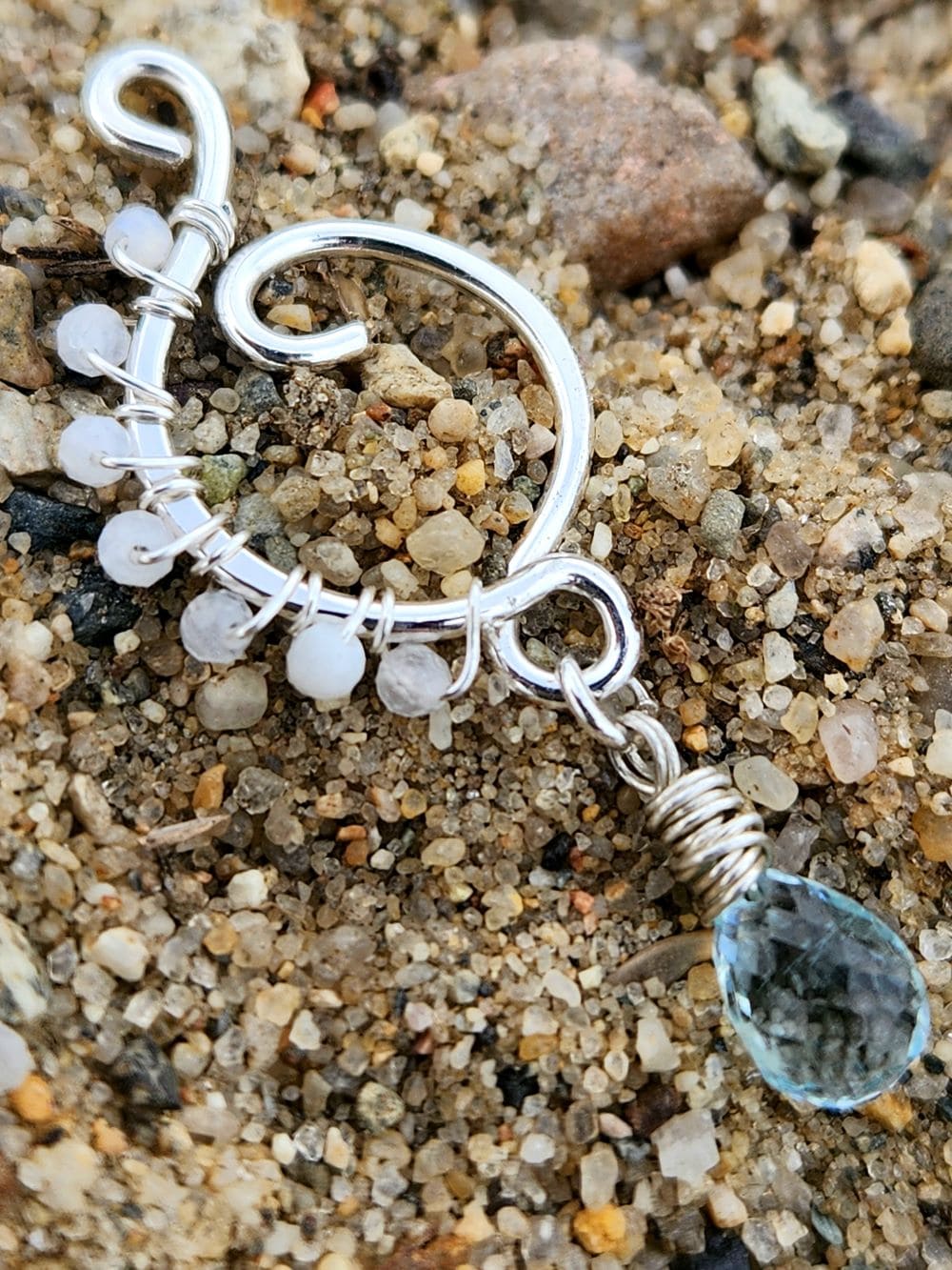 Handmade rainbow moonstone aquamarine sterling silver pendant in sand