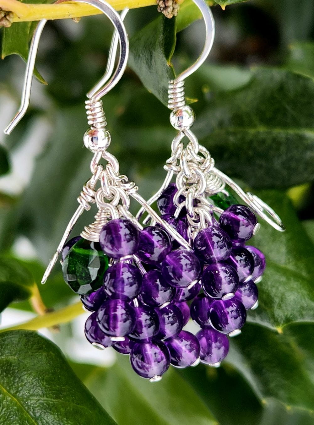 Handmade amethyst cluster earrings featuring chrome diopside and sterling silver