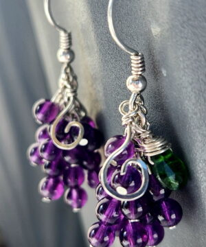 Handmade fruit-inspired earrings with amethyst and chrome diopside gemstones