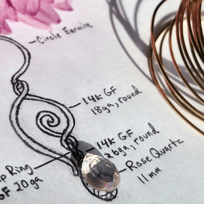 Handmade heart jewelry design sketch featuring natural rose quartz gemstones and 14k gold-filled wire