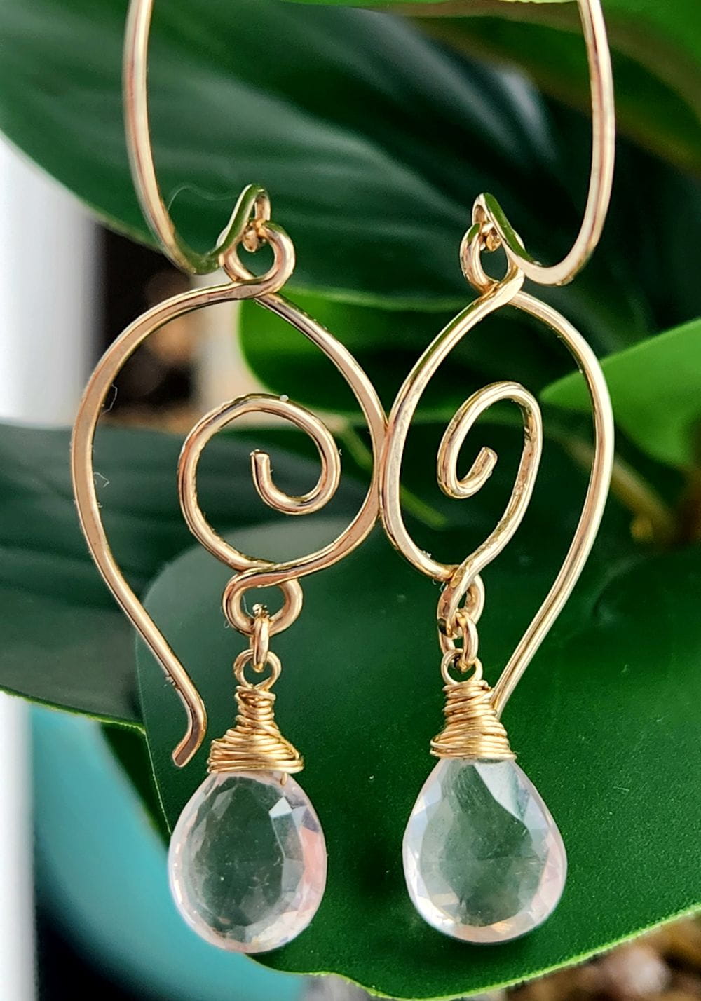 Handmade rose quartz dangle earrings in 14k gold-filled wire