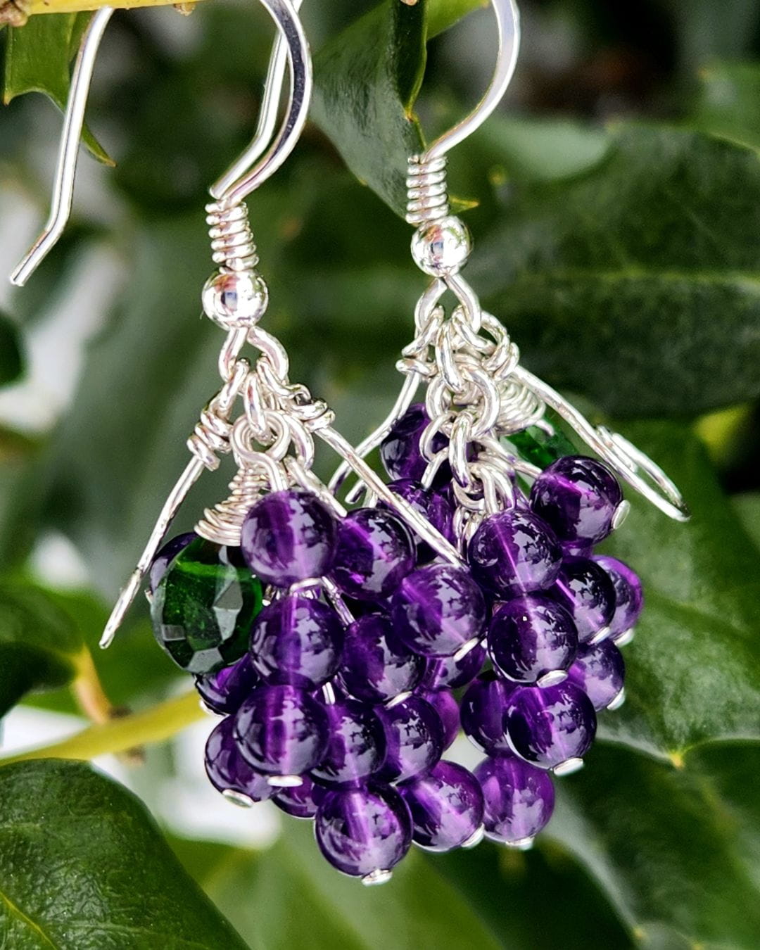 Handmade amethyst cluster earrings featuring chrome diopside and sterling silver